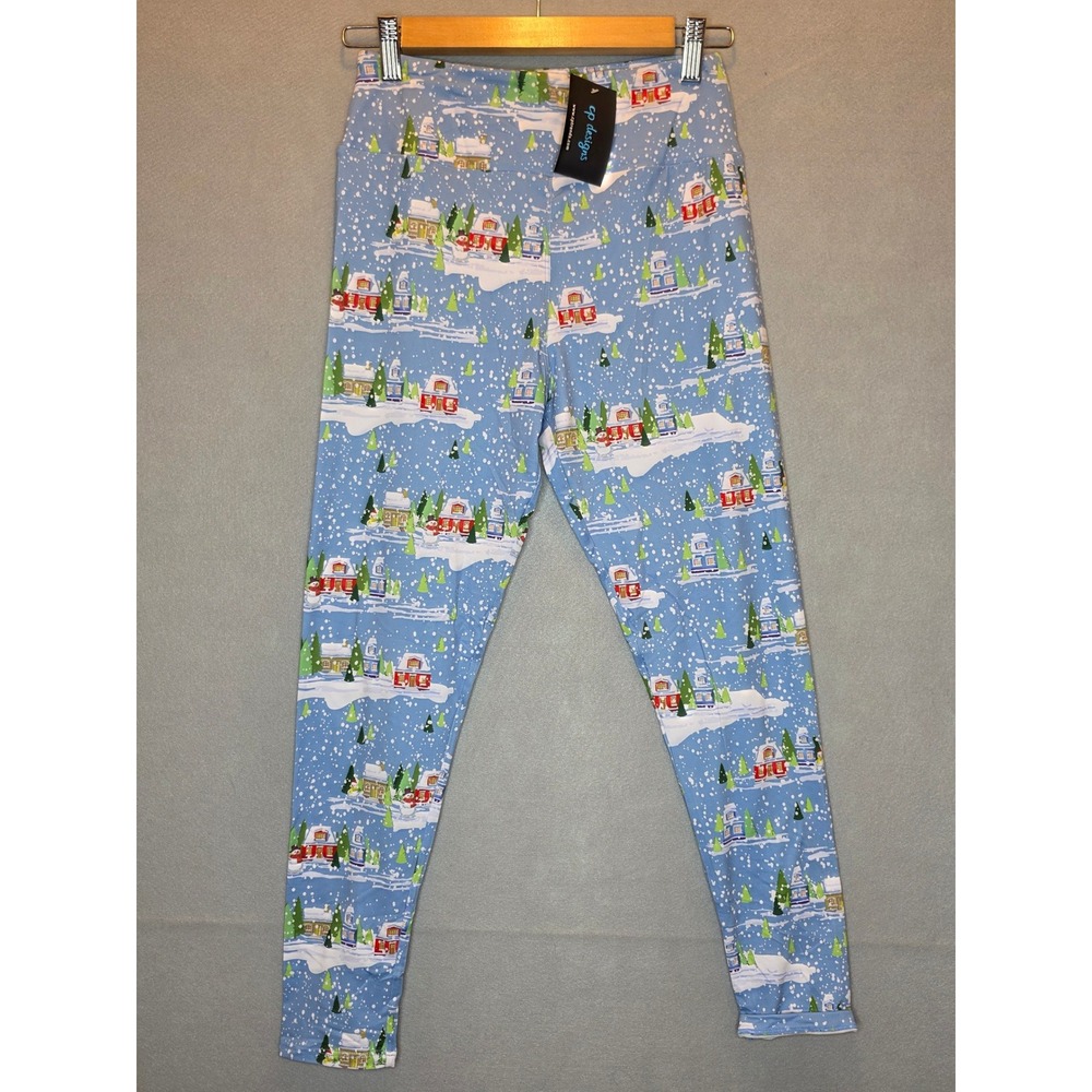 CP Designs Winter Village Christmas Legging Blue Snow Scene Tween JRS 10-Adult 4